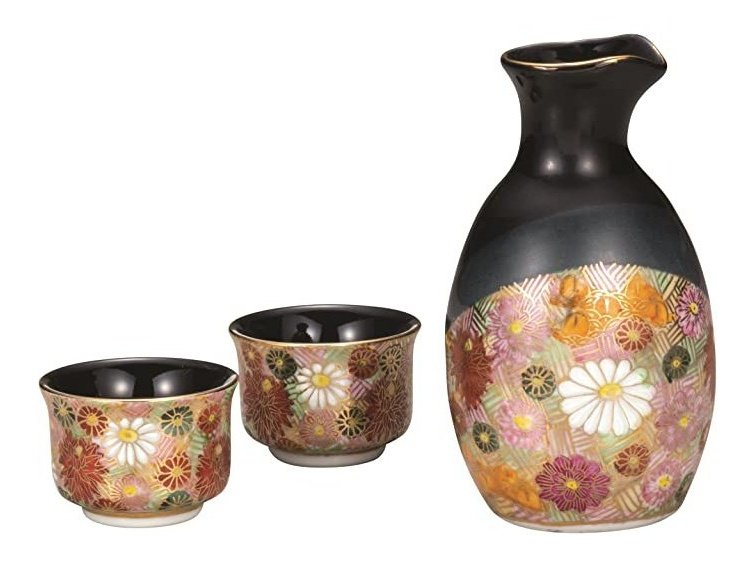 Kutani Flower Sake Cup &amp; Tokkuri Decanter