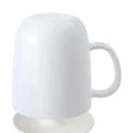 Side view of white Marna bath cup with C-shaped handle on stand