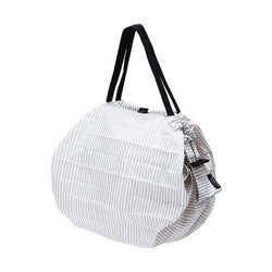 White Shupatto tote bag with vertical grey stripes and black handles