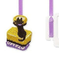 Midori Black cat cake embroidery bookmark charm on purple satin ribbon with white facial details