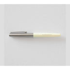 Assembled Midori fountain pen with brushed silver body, cream grip, and parallel silver cap on white surface