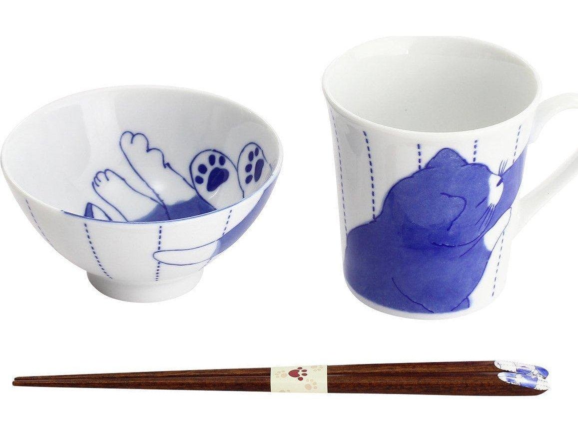 Mino Friendly Cat Bowl Mug Chopstick Set