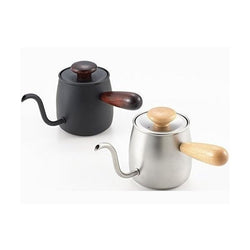 Side-by-side view of matte black and stainless steel Miyako single-drip kettles