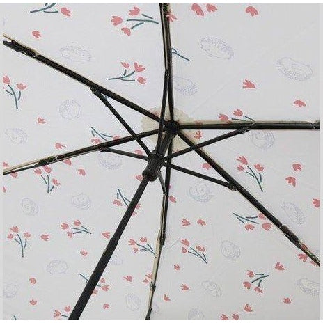 Close-up underside of light pink floral mini umbrella canopy with black ribs