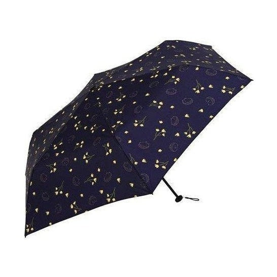 Navy blue mini umbrella with yellow flowers and gray motifs