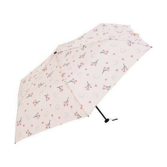 Light pink floral mini umbrella with black frame and circular patterns