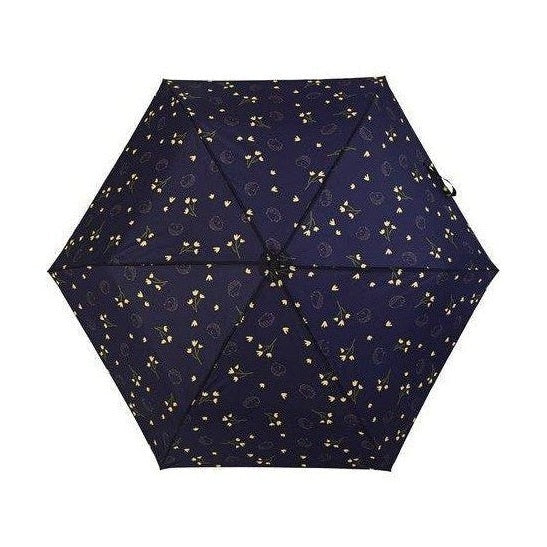 Top-down view of navy blue floral mini umbrella showing hexagonal rib structure