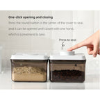 Stackable brown food storage containers for coffee beans and grains with one-click seal