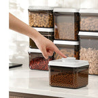 Shimoyama brown one-touch airtight container 2300ml with white lid holding dry goods