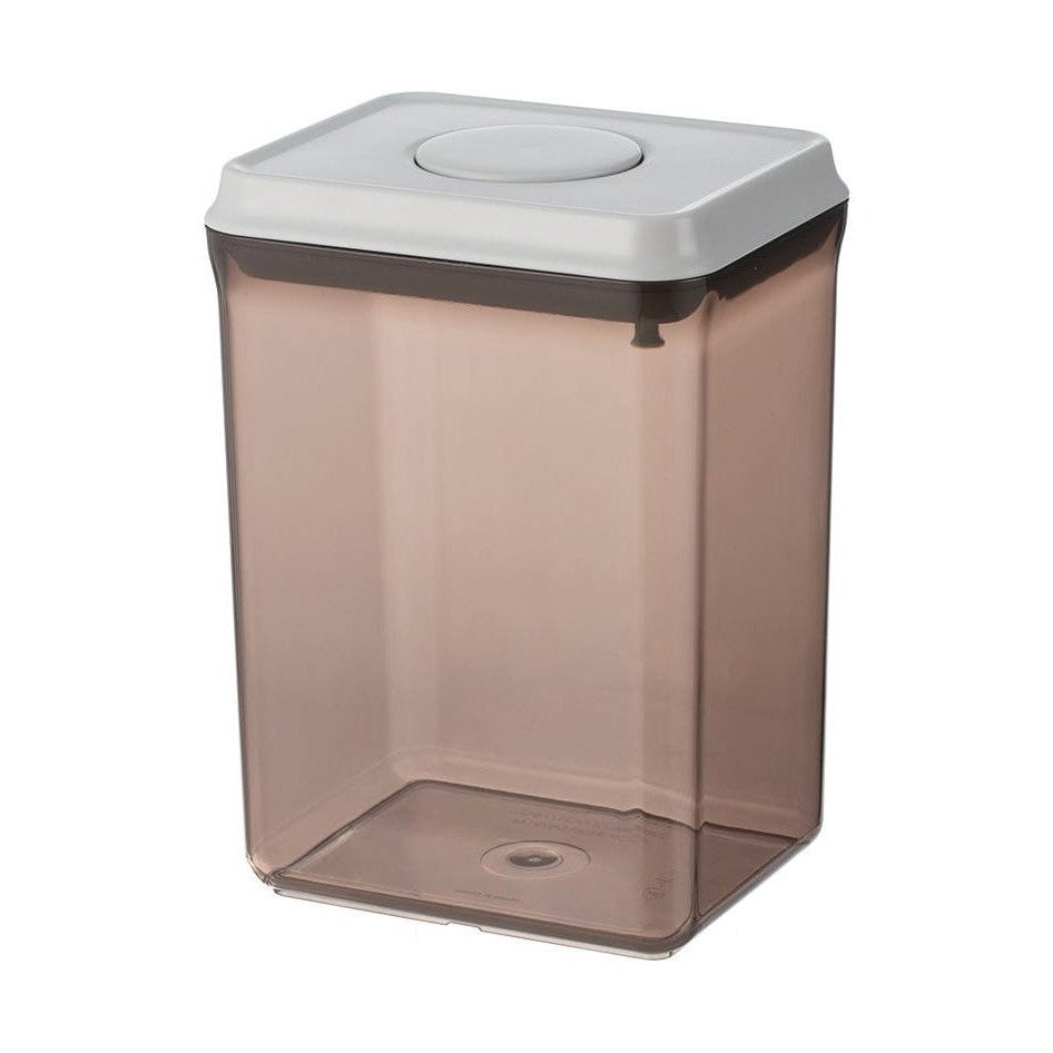 Brown translucent plastic food storage container with white snap-on lid and square base