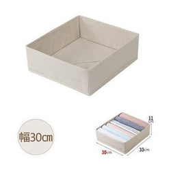 Empty beige Shimoyama linen storage box showing dimensions and capacity