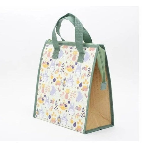 Skater Totoro insulated tote lunch bag with floral pattern and olive handles