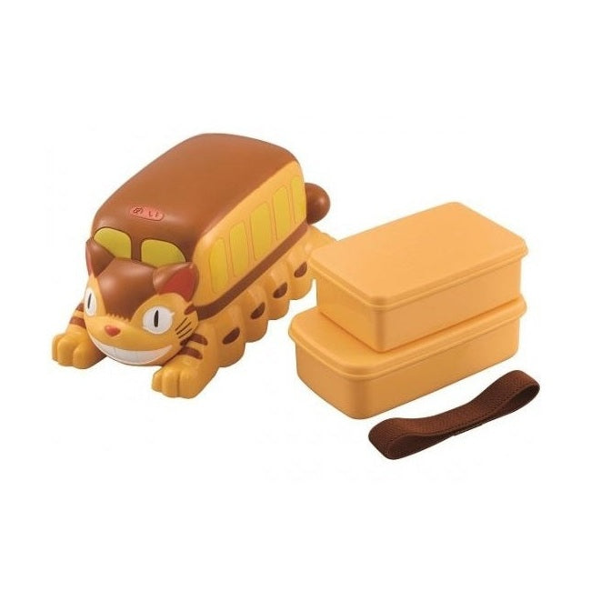 Two-tiered yellow Cat Bus bento box with brown accents and fabric strap