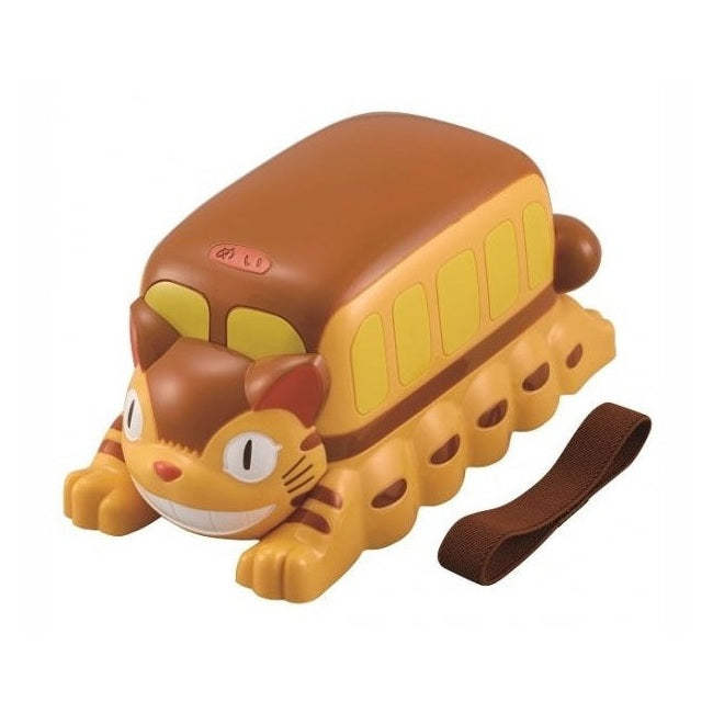 Front view of yellow My Neighbor Totoro Cat Bus lunch box with smiling face