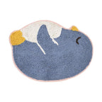 Blue sea animal rug with pink border and yellow flipper accents high-pile loop texture