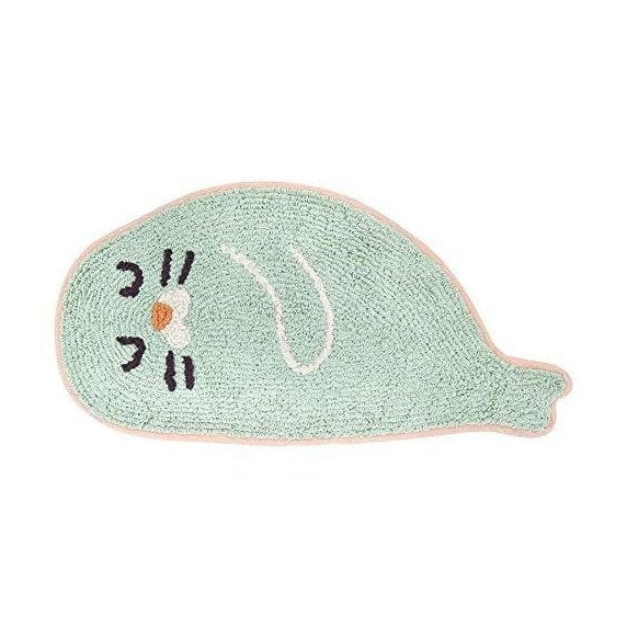 Mint green seal mat with orange nose and white wave detail textured loop pile surface