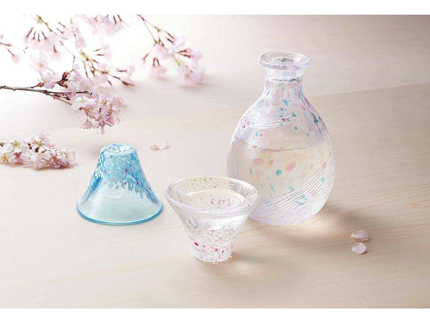 Toyo Sasaki Glass Sakura Fuji Japanese Sake Bottle Cup Pcs Set