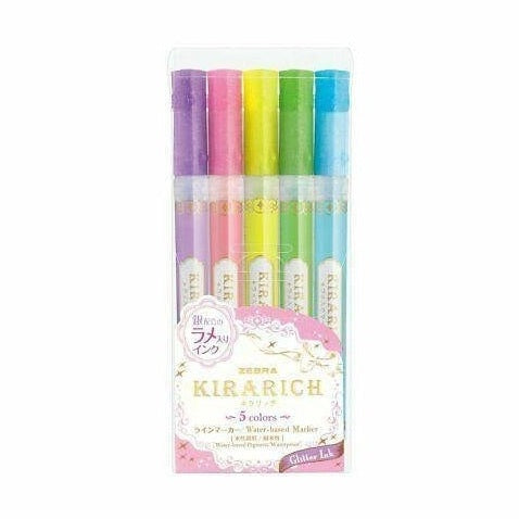 Zebra Kirarich 5-set water-based glitter markers in packaging